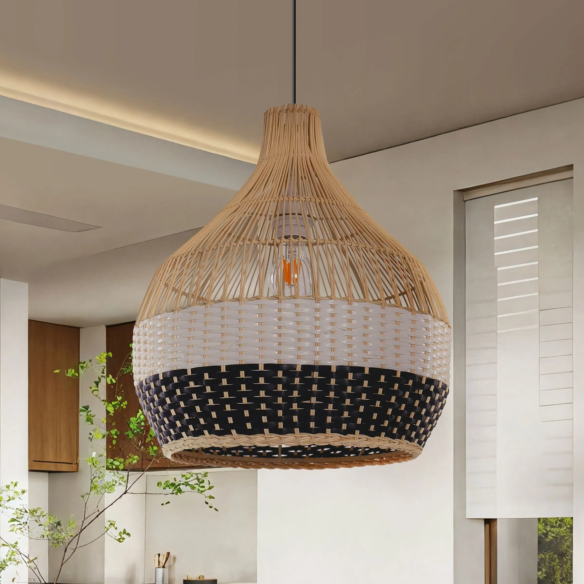 Monochrome Handwoven Rattan Pendant Light - Black, White image