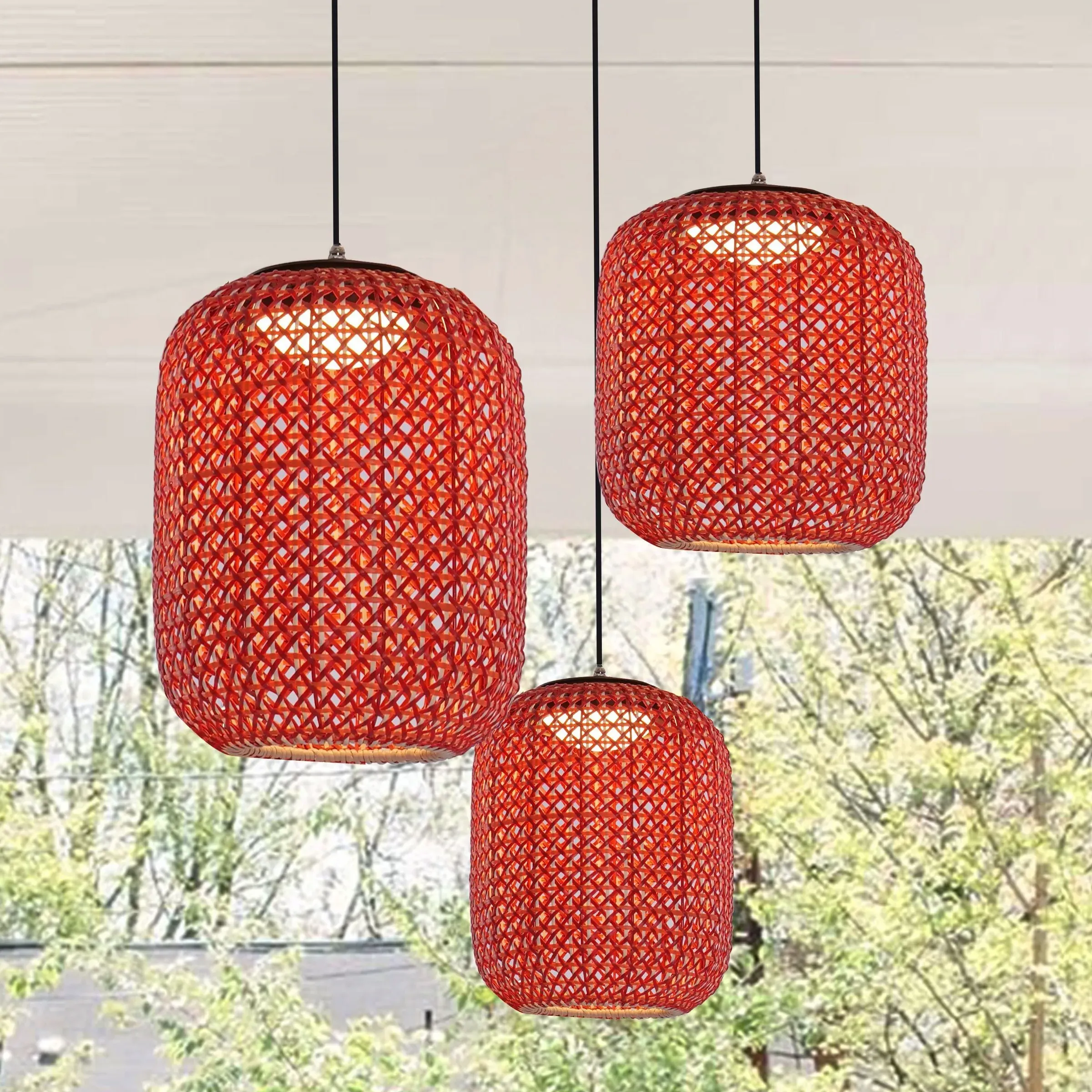 Multi-Light Outdoor Pendant Light - Red Orange, Rattan image