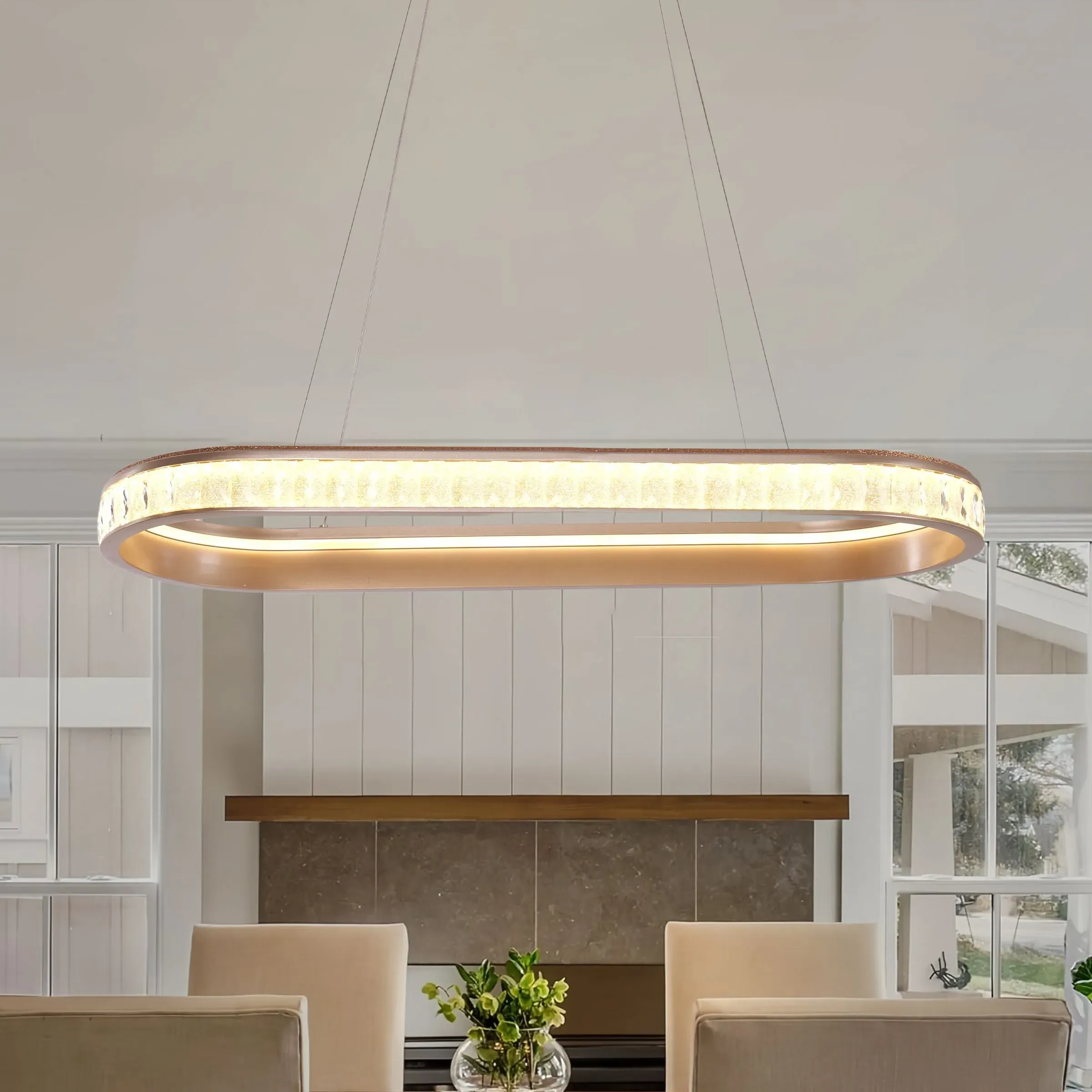 Oval Pendant Light with Crystal Accents - Champagne Gold