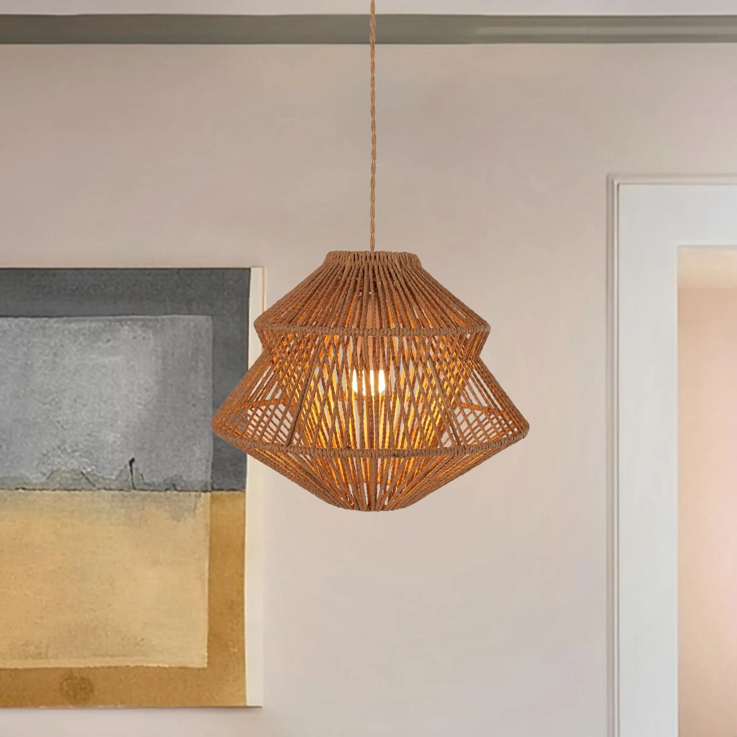 Paper Rope Iron Pendant Light - Natural image
