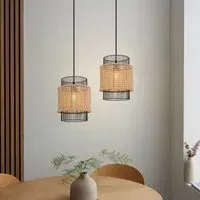 Pendant Light with Handwoven Rattan - Black, Natural