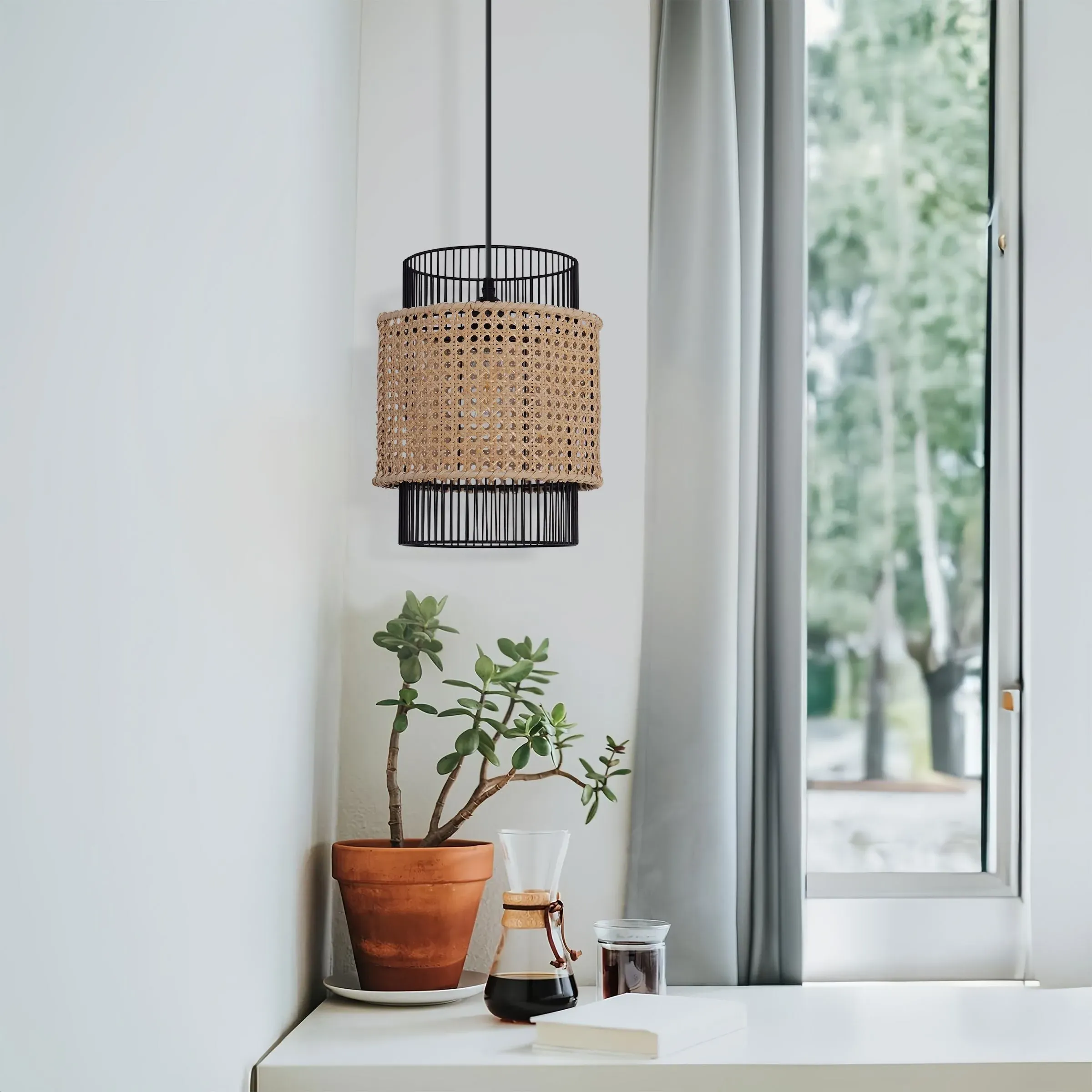 Pendant Light with Handwoven Rattan - Black, Natural image