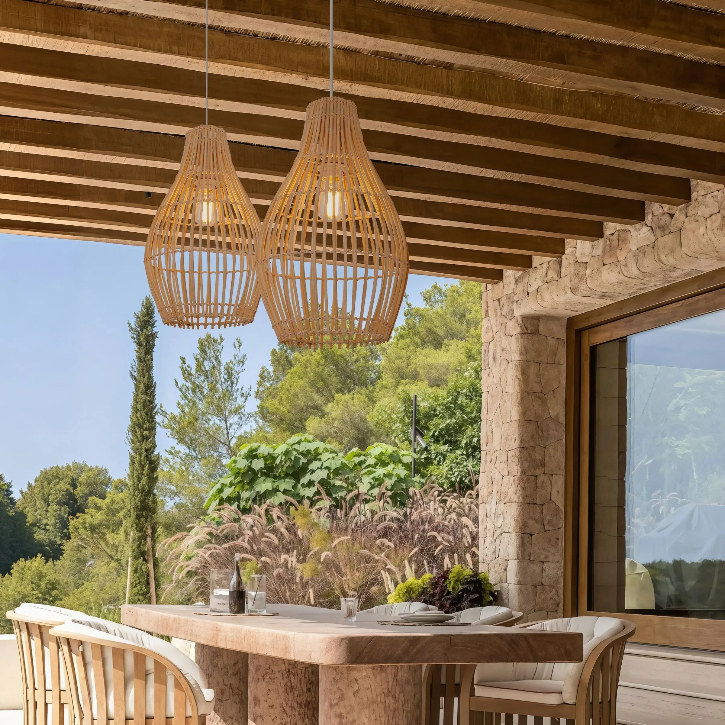 Rattan Pendant Light with Iron Frame - Natural