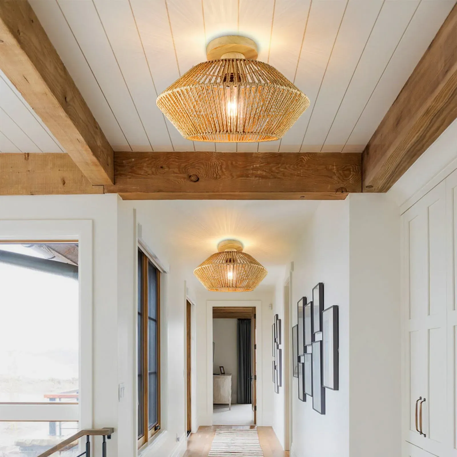 Round Ceiling Light - Hemp Rope, Wood