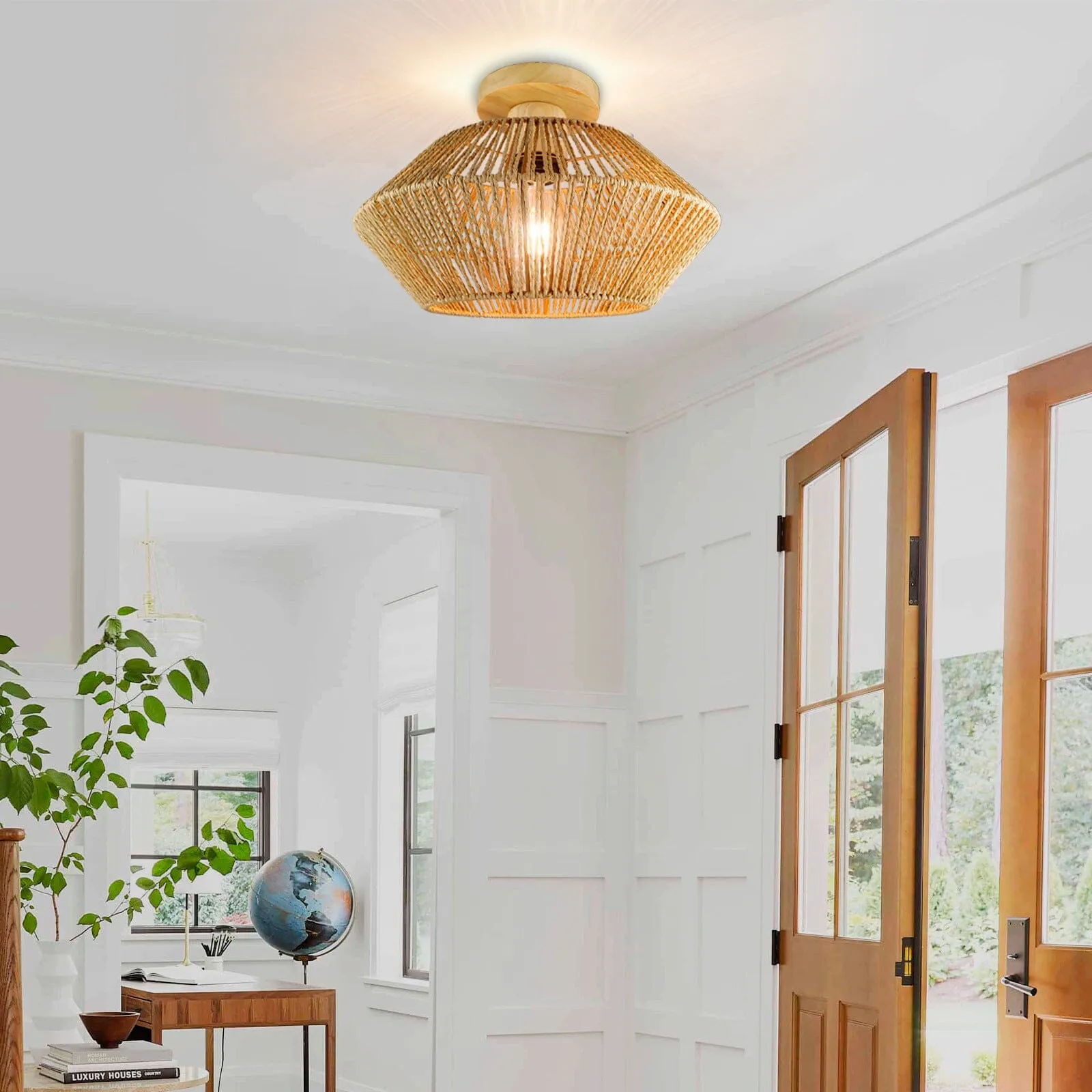 Round Ceiling Light - Hemp Rope, Wood image