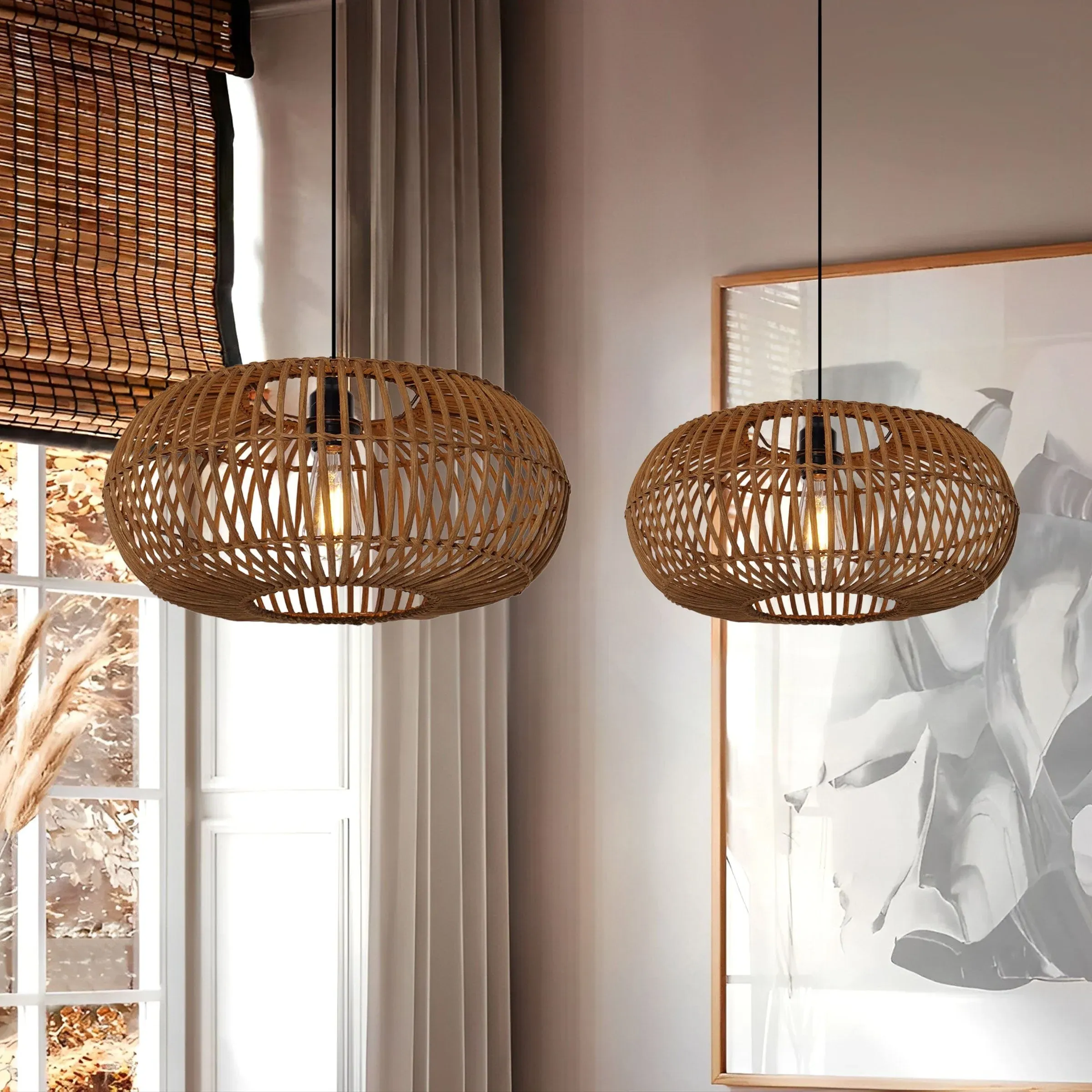 Round Woven Pendant Light - Brown, Bamboo