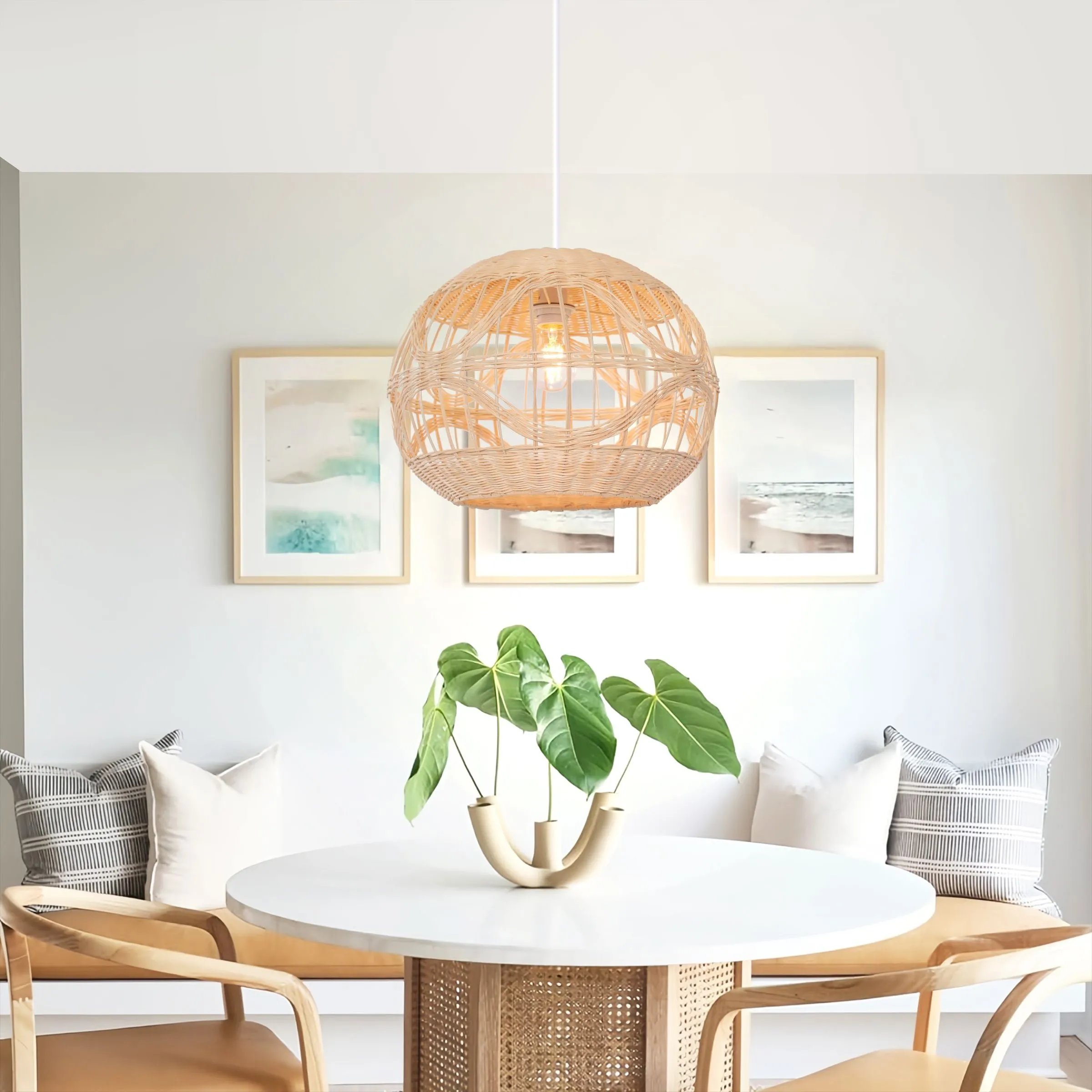 Spherical Handwoven Pendant Light with Wave Details - Rattan