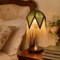 Vintage Tassel Table Lamp - Antique Brass, Iron & Fabric alternate view