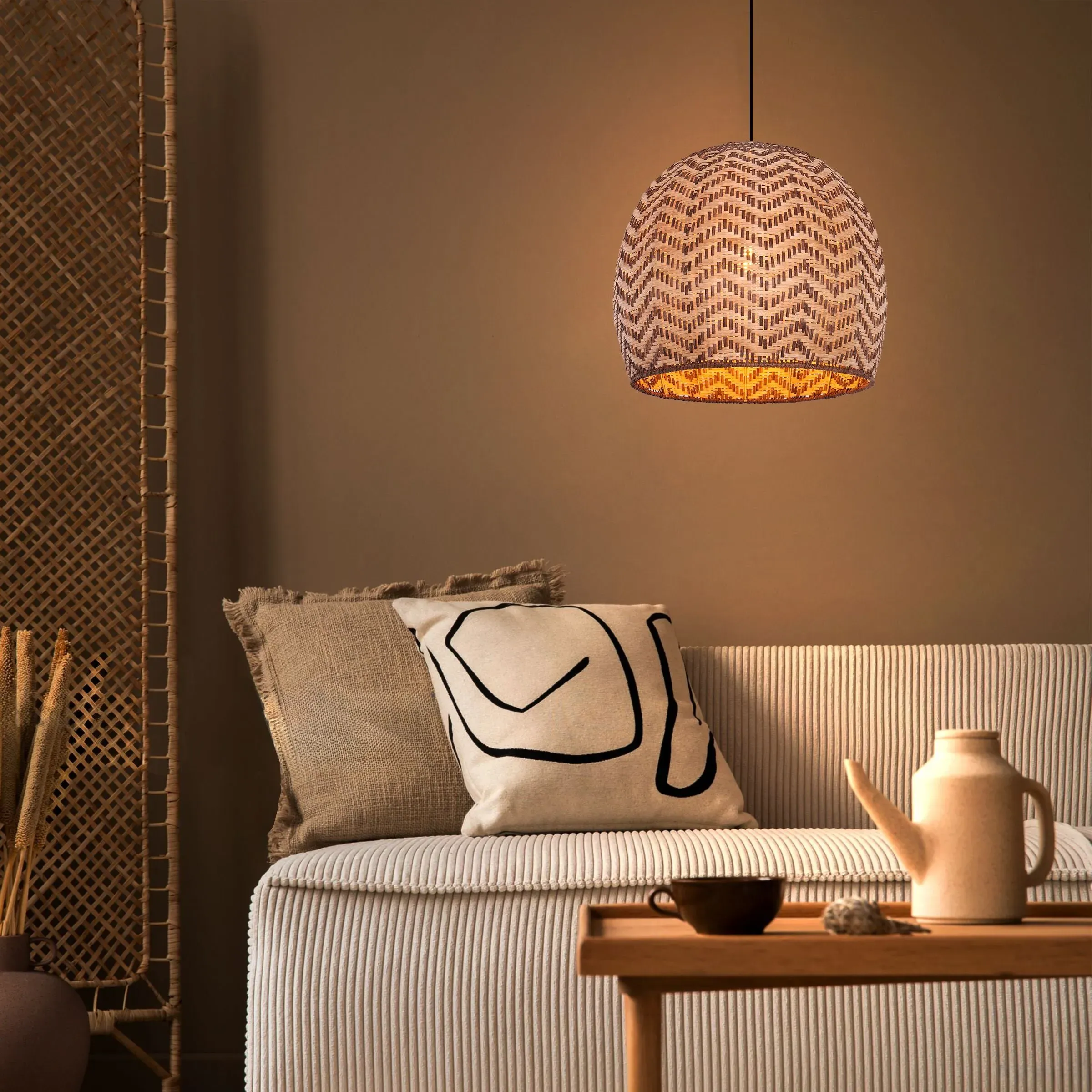 Woven Rattan Ceiling Light with Wave Details - Natural image