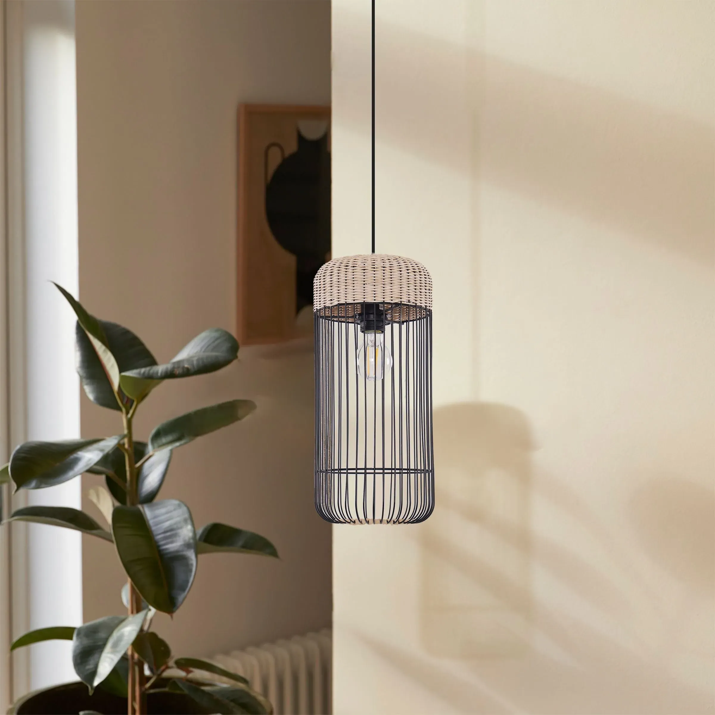 Woven Rattan Cylinder Pendant Light - Natural
