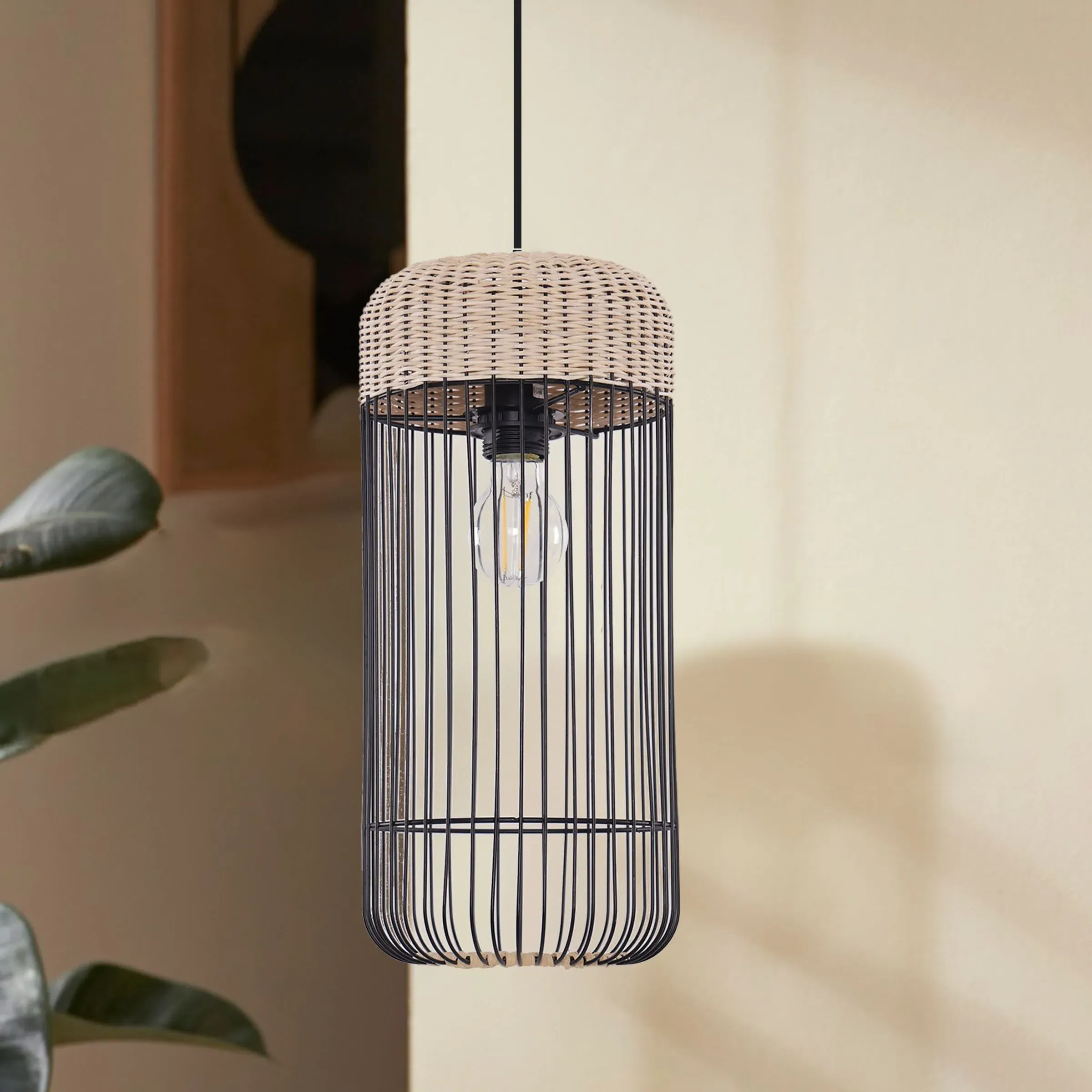 Woven Rattan Cylinder Pendant Light - Natural image