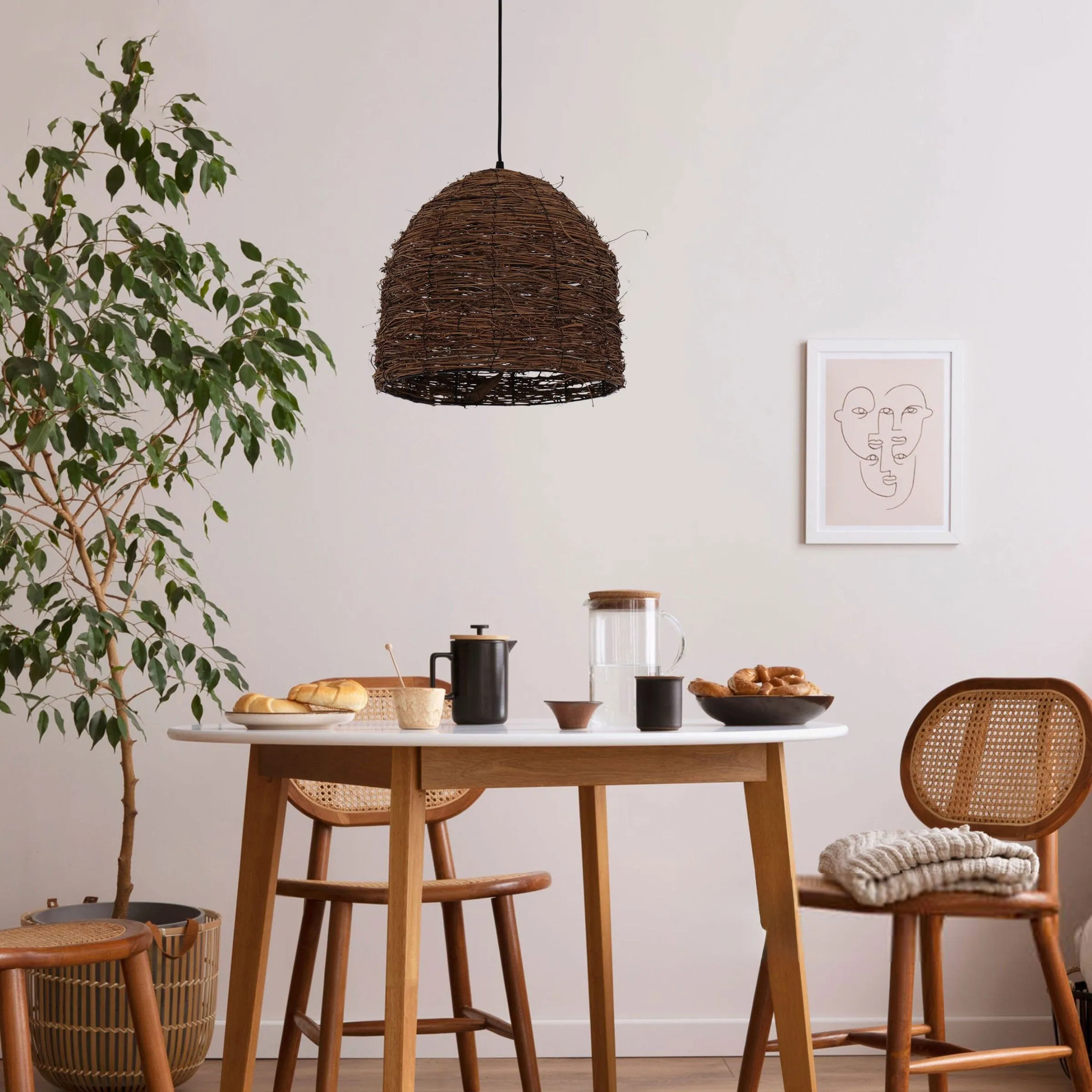 Woven Rattan Dome Pendant Light - Brown