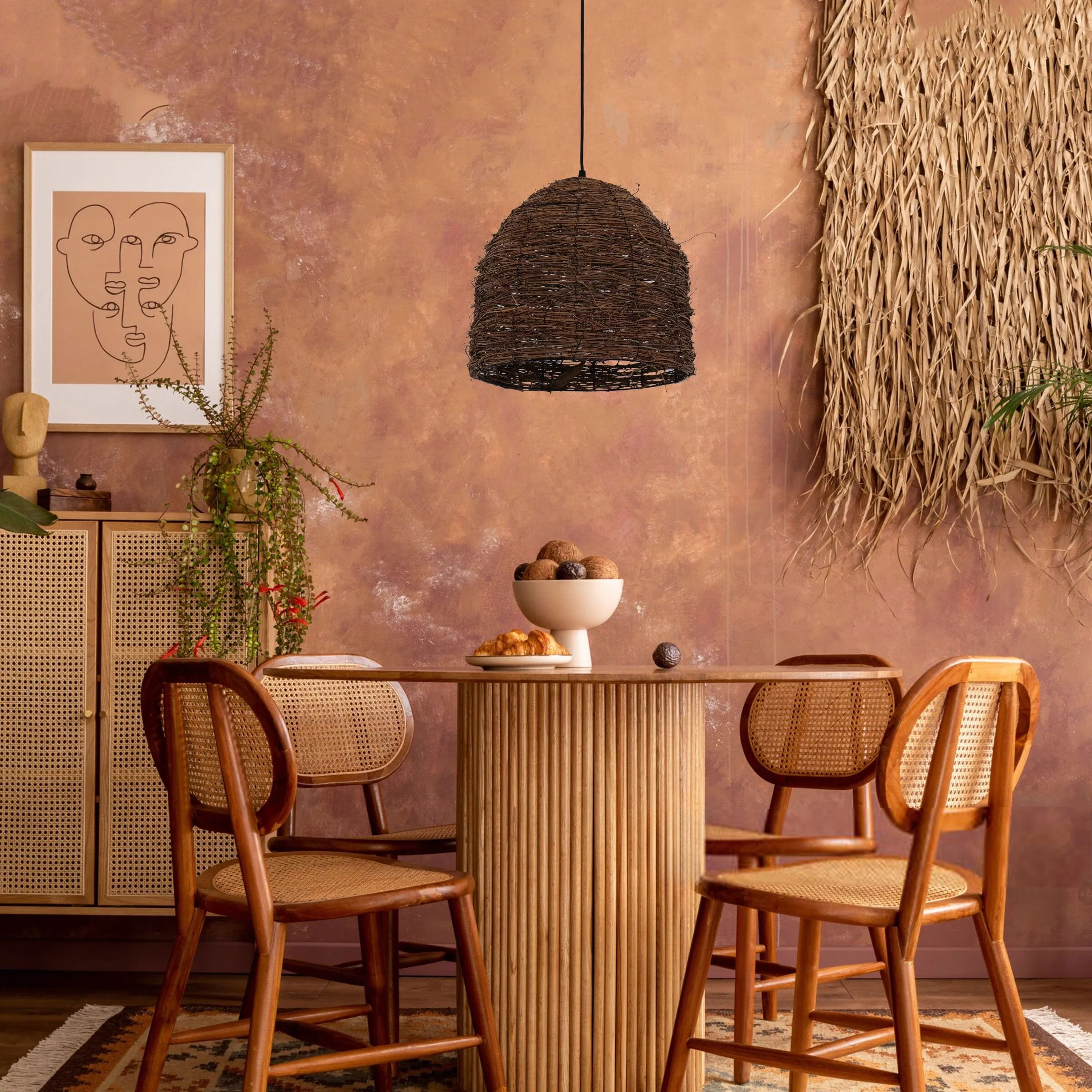 Woven Rattan Dome Pendant Light - Brown image