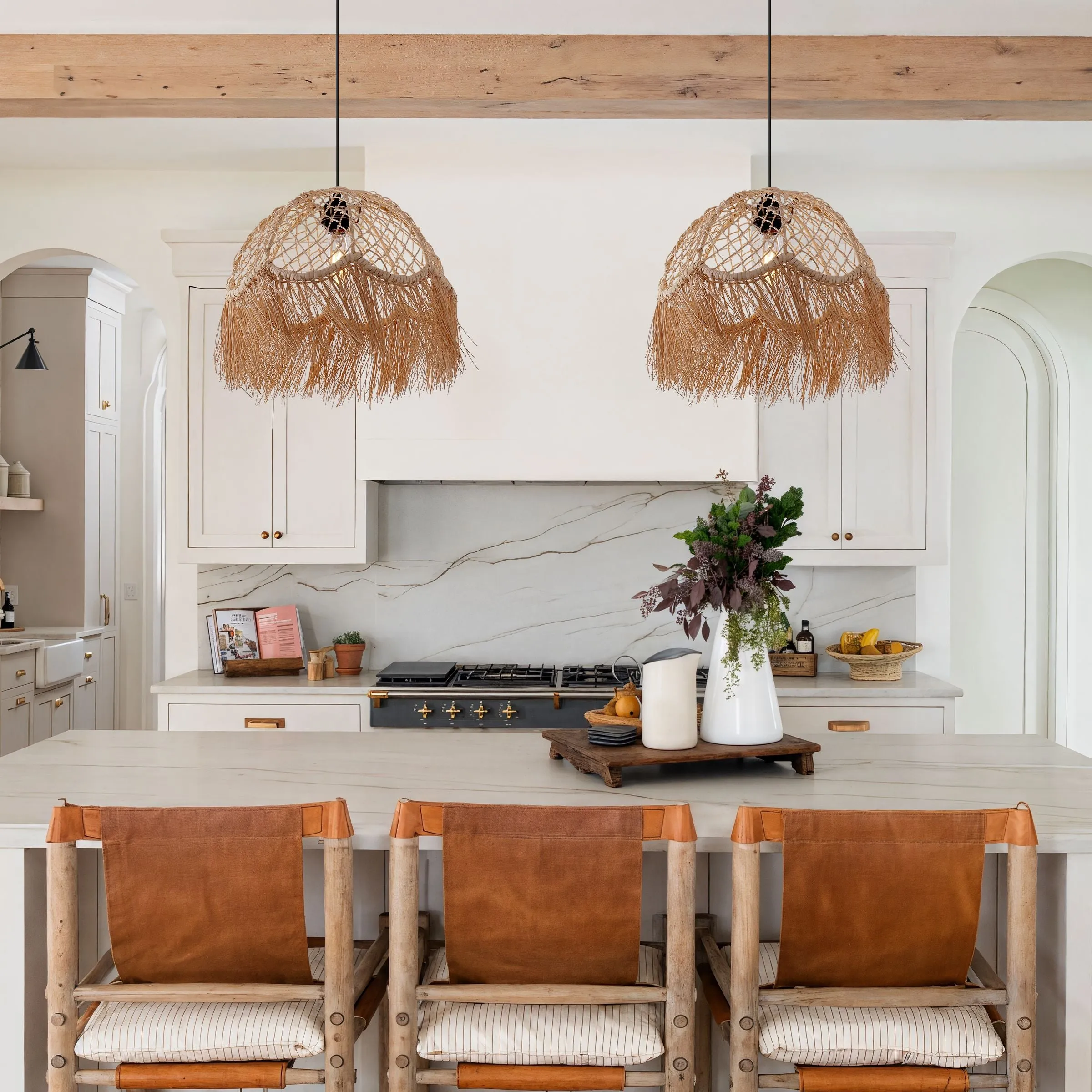 Woven Rattan Dome Pendant Light with Fringe - Brown image