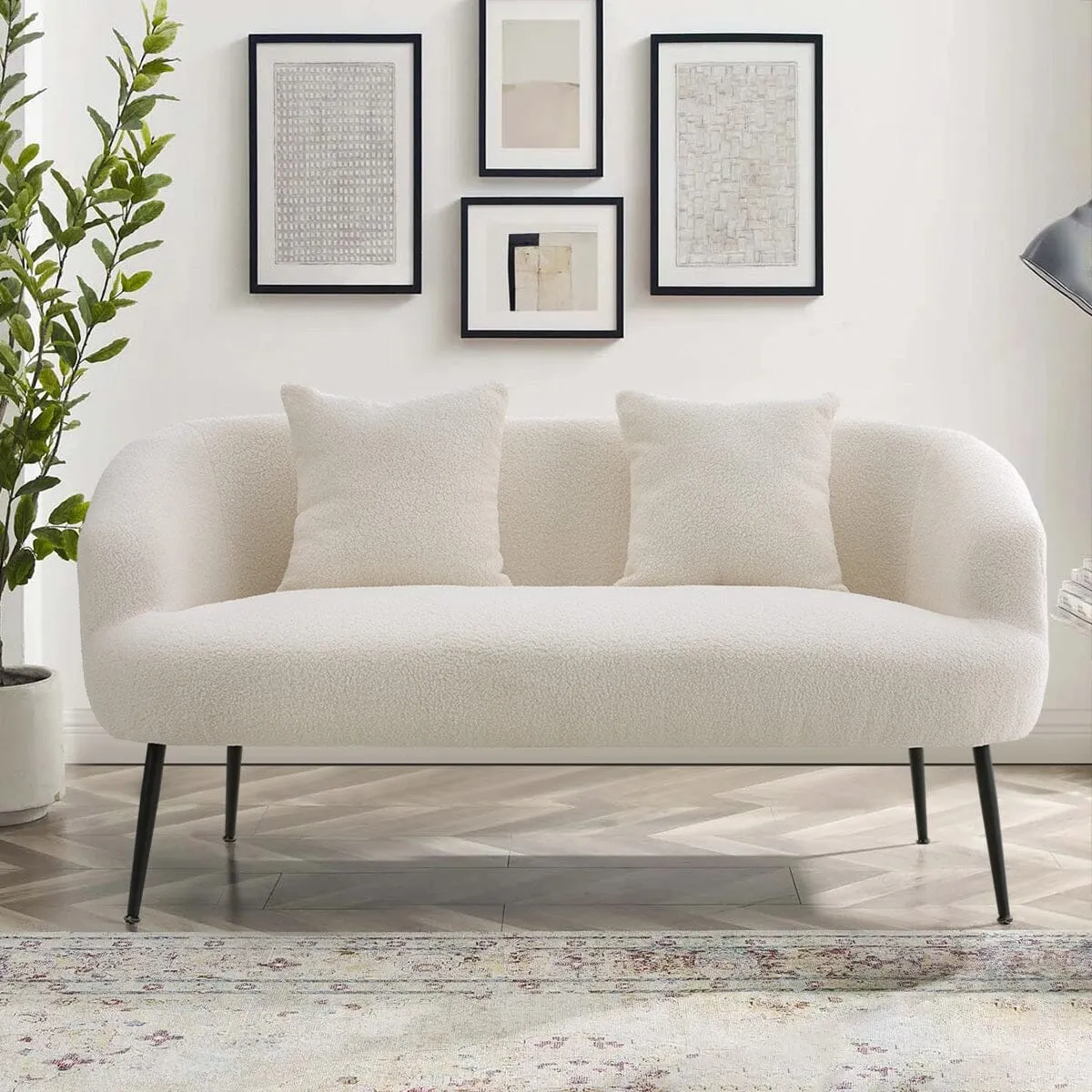 2-Seater Sofa with Metal Legs - White, Teddy Fabric image