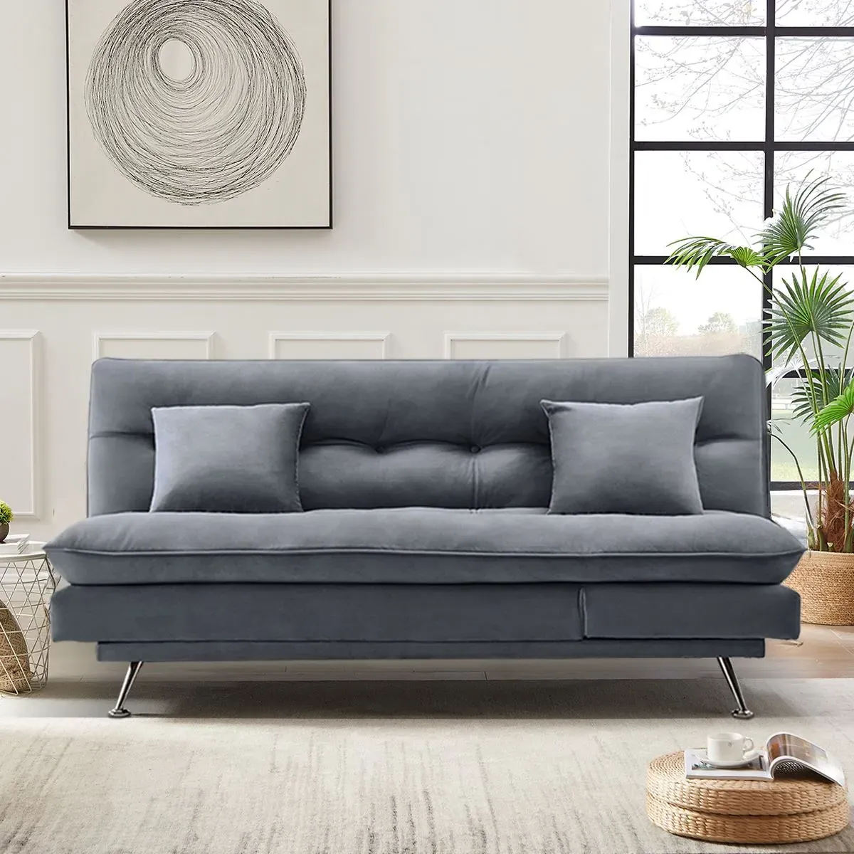3-Seater Sofa Bed with Cushions - Grey, Fabric image