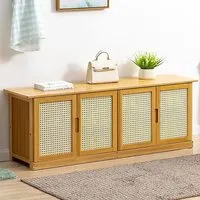 4-Door Shoe Storage Bench with Sliding Rattan Doors - Natural Wood alternate view