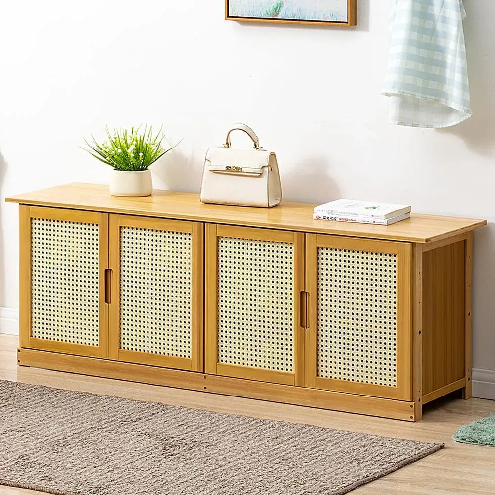 4-Door Shoe Storage Bench with Sliding Rattan Doors - Natural Wood product