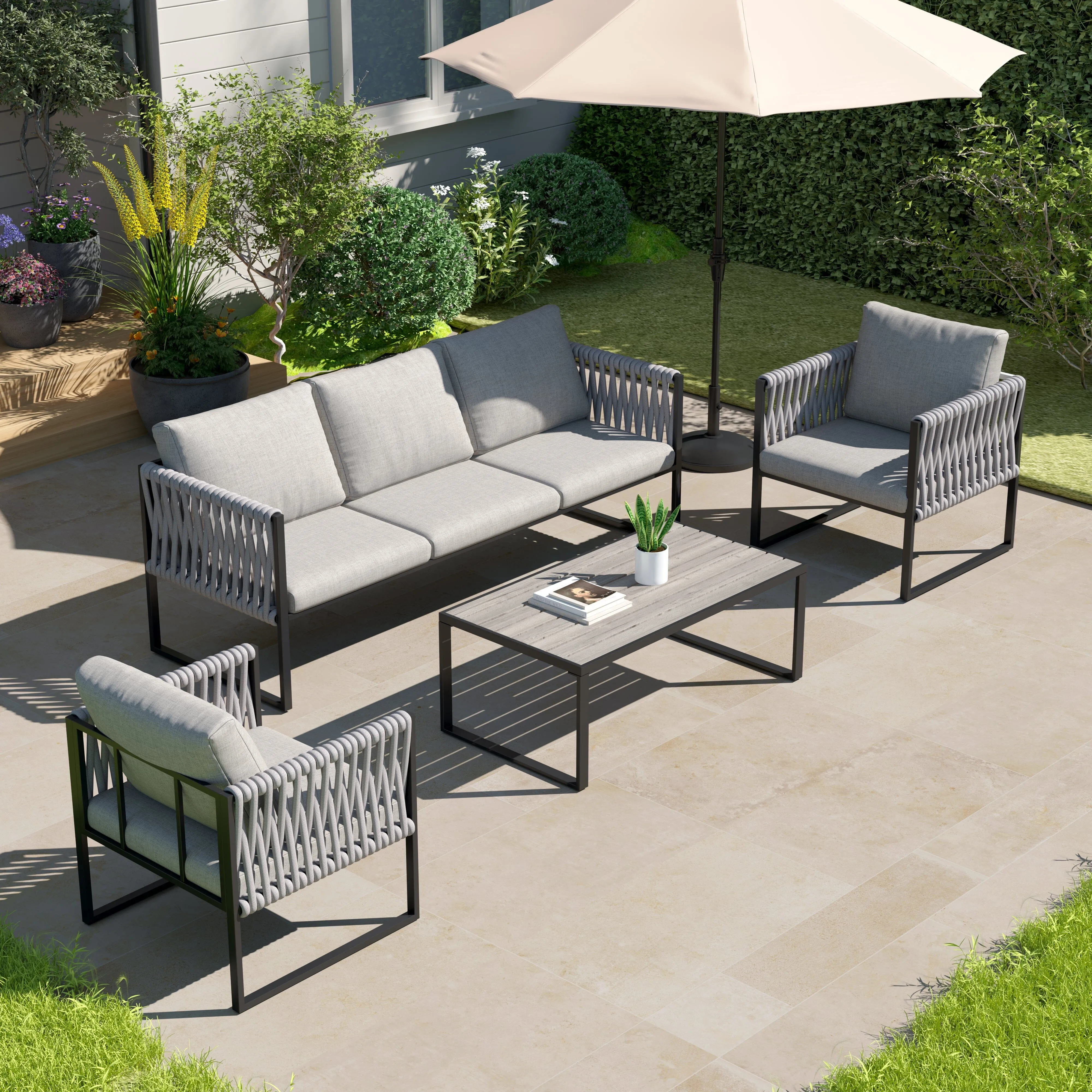 4 Piece Outdoor Sofa Set with Glass Table - Aluminium