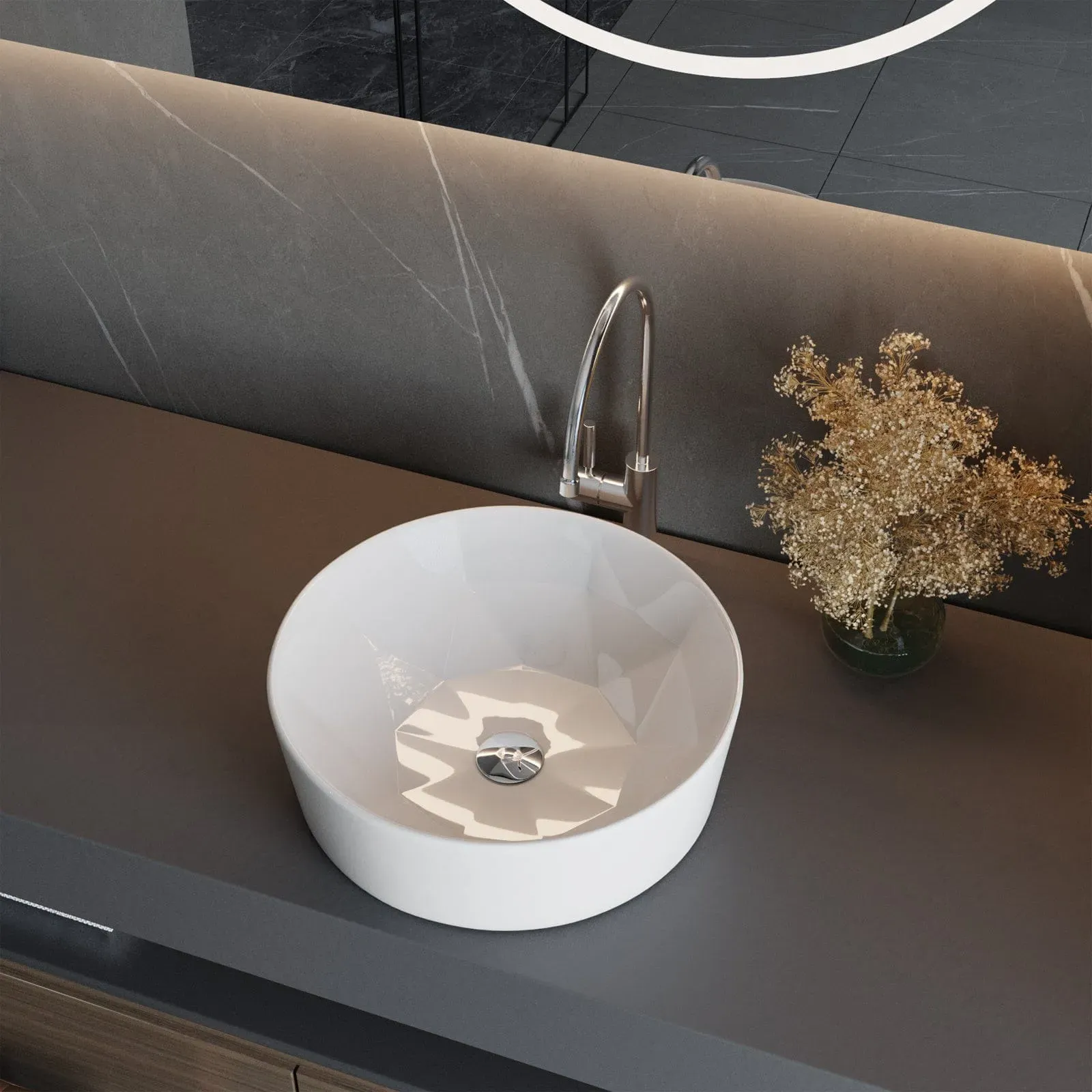 40.5cm Round Bathroom Sink - White, Stainless Steel image