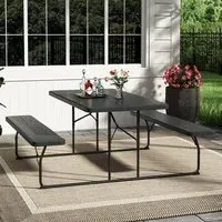 6-Seater Foldable Picnic Table Set with Parasol Hole - Black