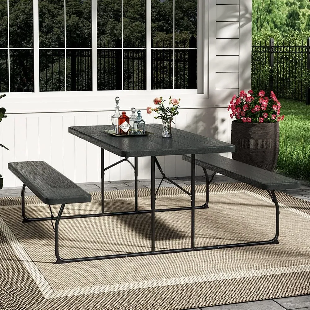 6-Seater Foldable Picnic Table Set with Parasol Hole - Black