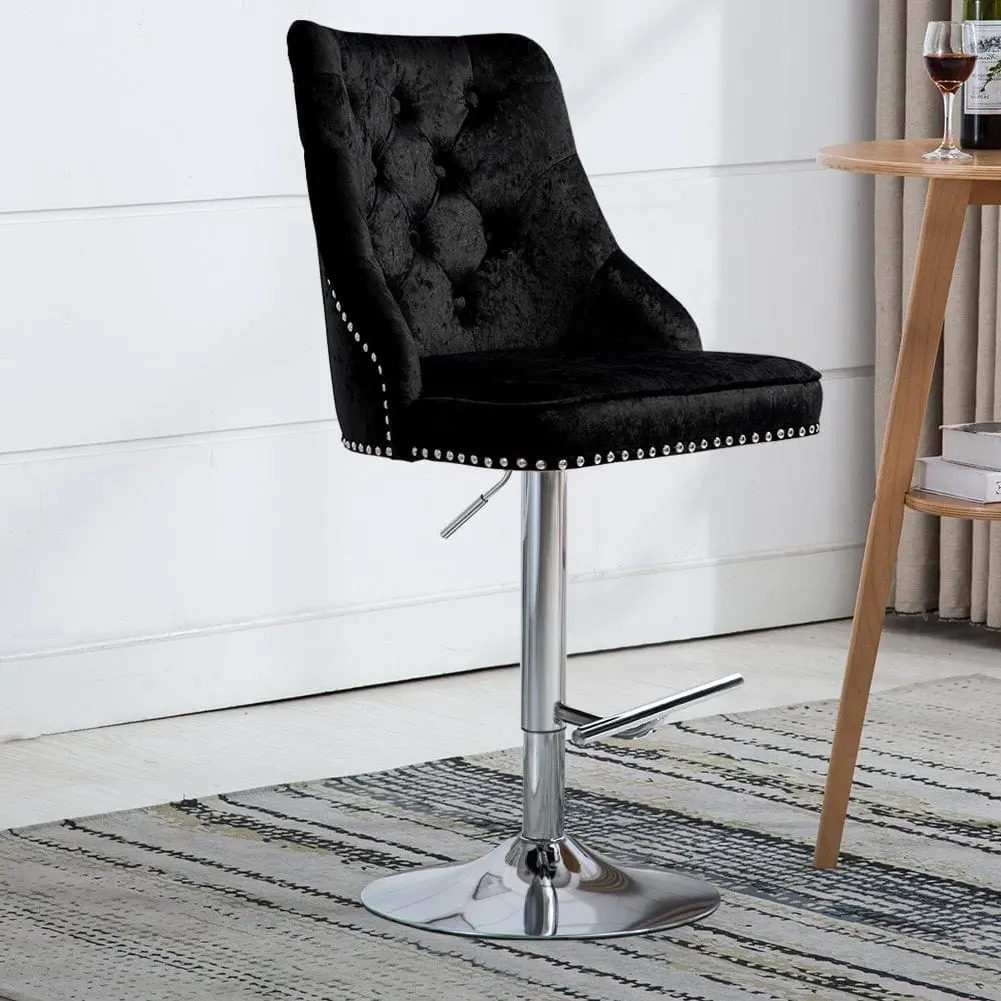 Adjustable Bar Stool with Floral Velvet Upholstery - Black product