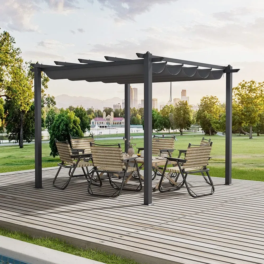 Aluminum Pergola with Retractable Canopy - Black, Aluminum