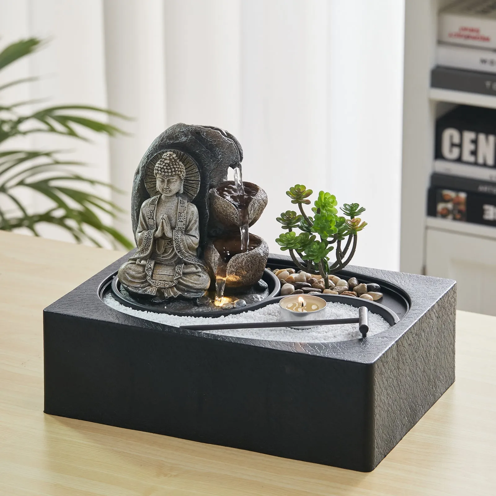 Buddha Zen Tabletop Fountain with LED Light & Tealight Holder product