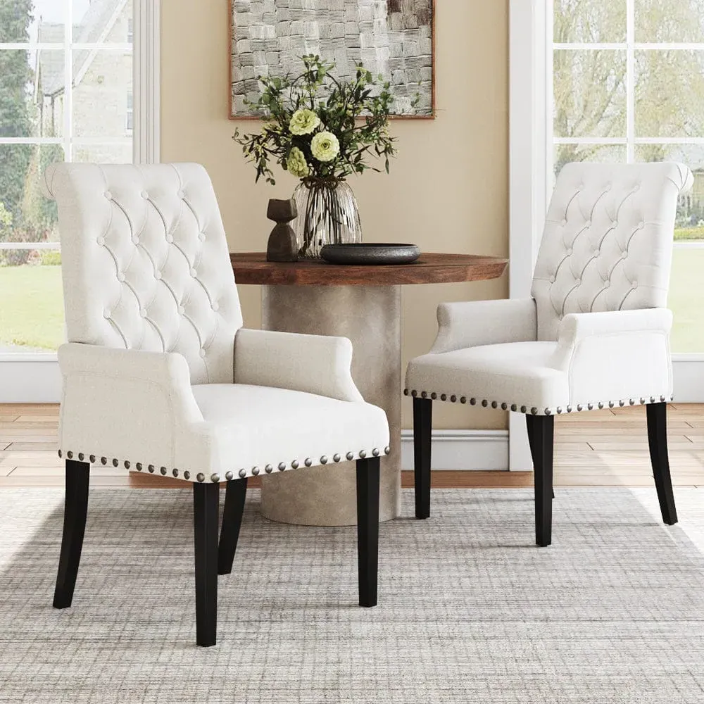 Button Tufted Upholstered Dining Chair with Armrests - Linen product