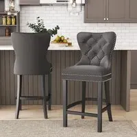 Buttoned Bar Stool - Grey, Velvet