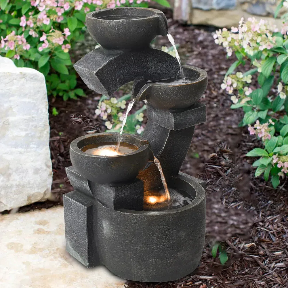 C Shaped Cascade Bowl Fountain with LED Light - Grey image