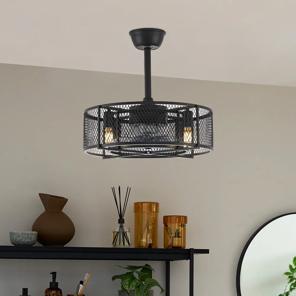 Ceiling Fan with Light Metal Mesh Cage - Black image