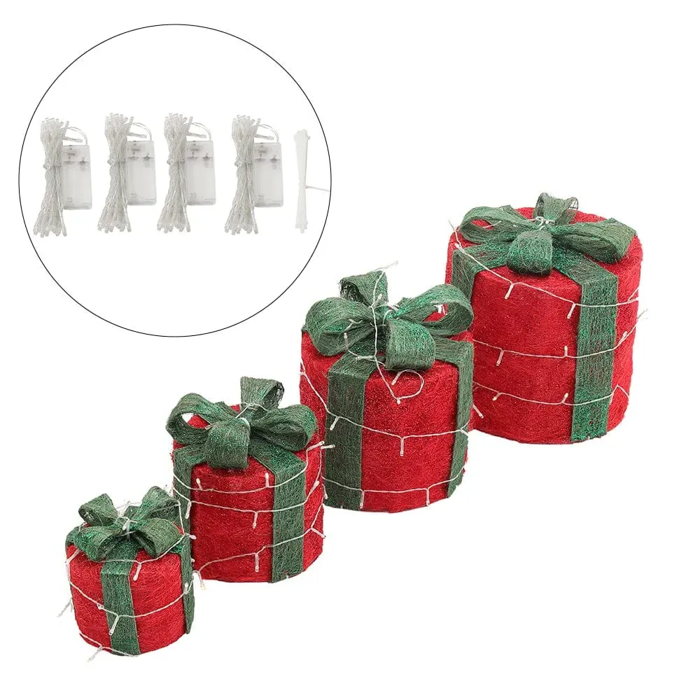 Christmas Gift Box Set with LED Lights 4-Piece - Red, Burlap product