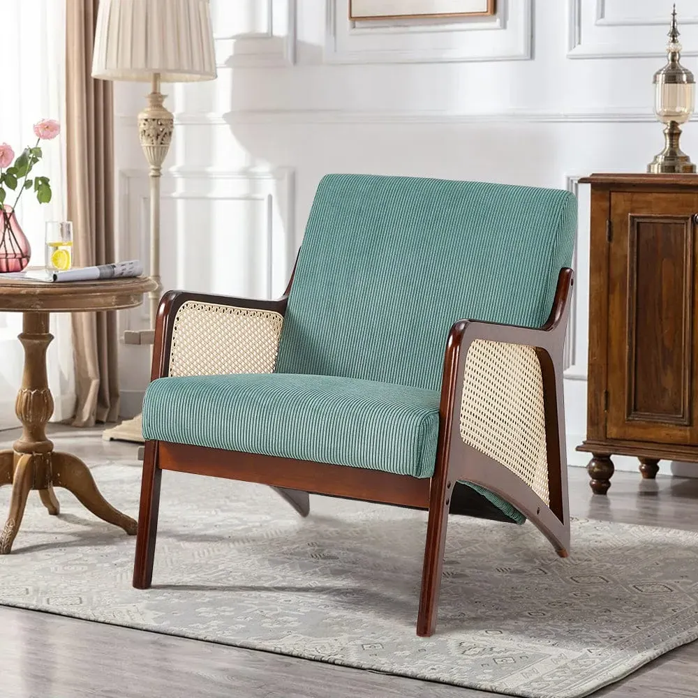 Corduroy Armchair with Rattan Armrest - Green image