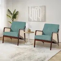 Corduroy Armchair with Rattan Armrest - Green