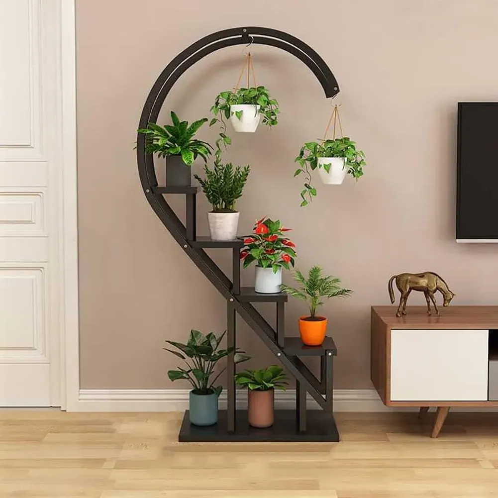 Curved 4 Tier Plant Stand with Hooks - White, Metal