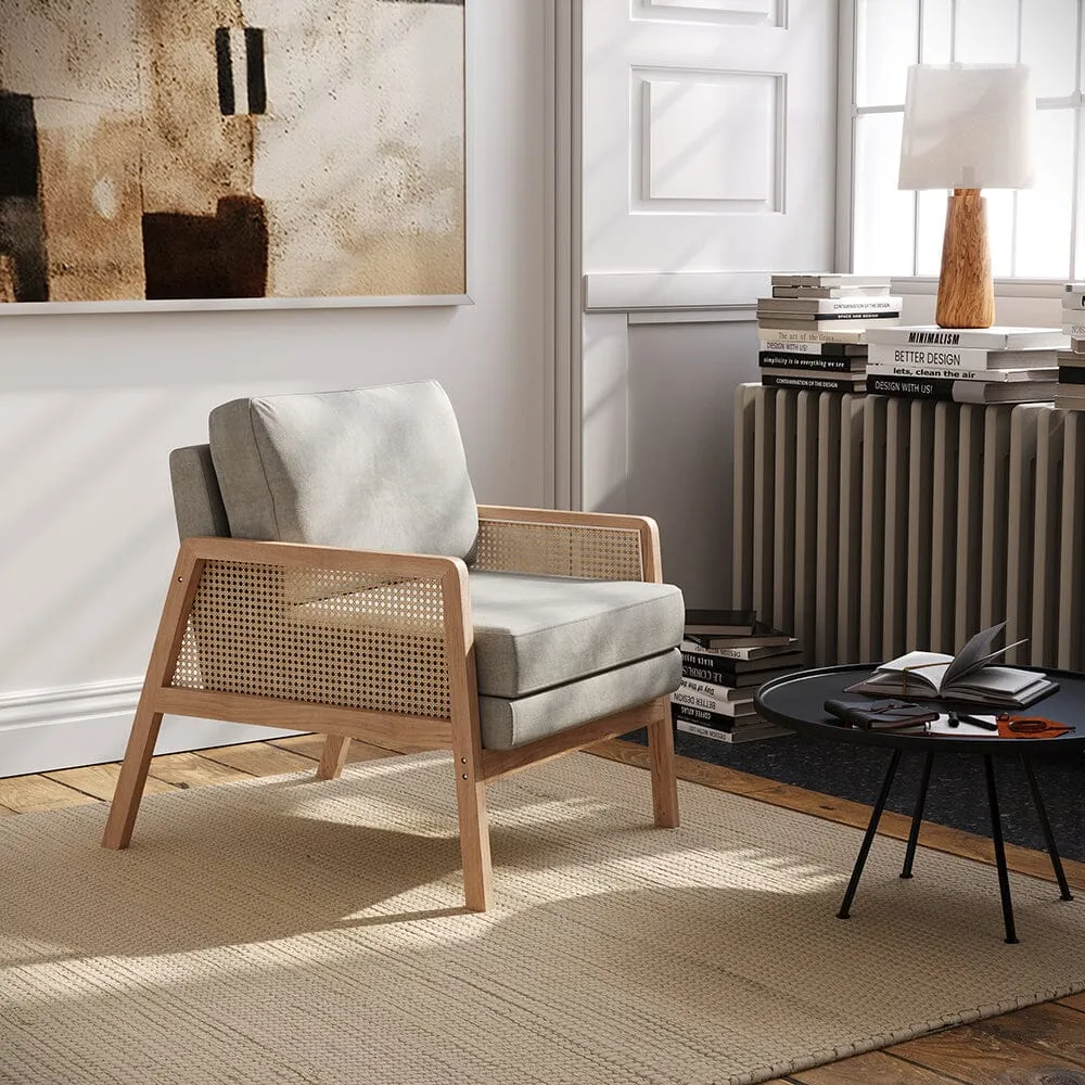 Cushioned Wooden Armchair with Cane Sides - Light Grey, Fabric product