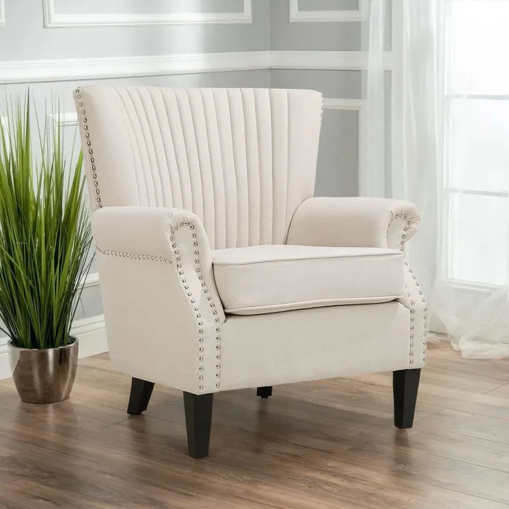 Deep Cushioned Armchair with Nailhead Trim - Beige image