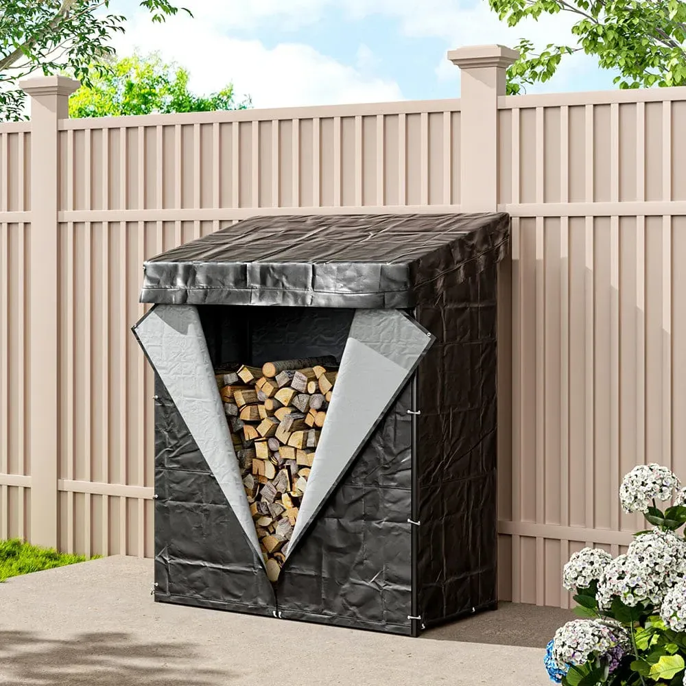Firewood Rack with Roof and PE Cover - Black, Metal product