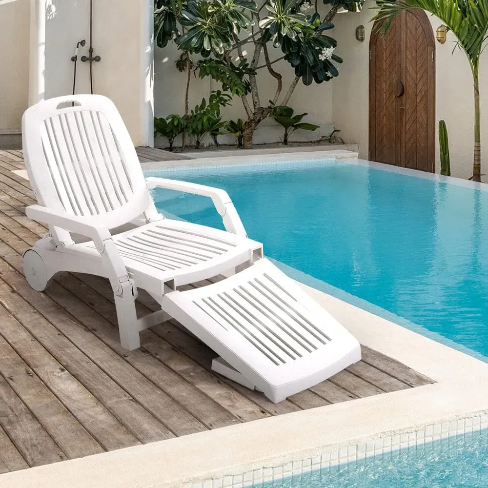 Folding Lounge Chair Recliner with Wheels - White, Plastic image