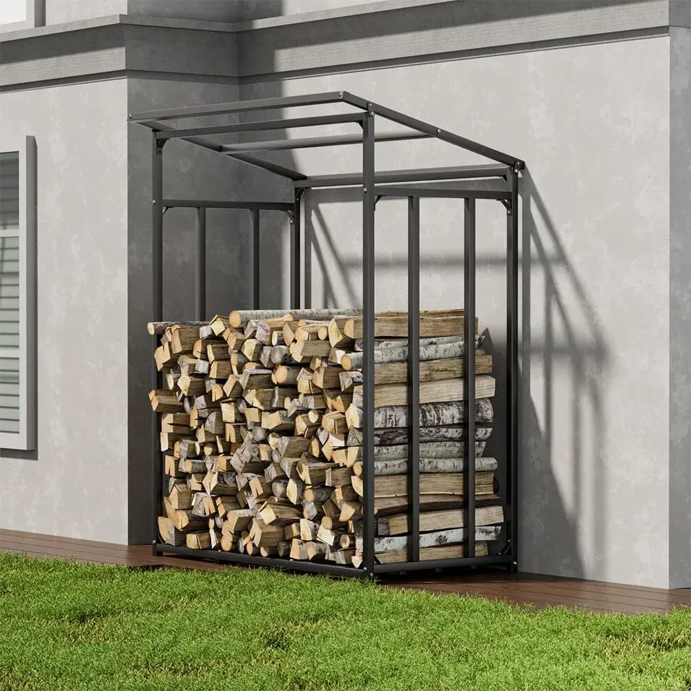 Garden Firewood Rack with PE Cover Roof - Black, Metal product