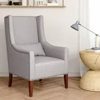 High Back Studded Armchair with Cushion - Grey, Burlap