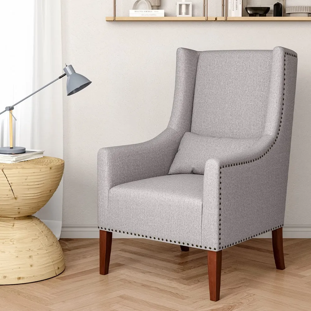 High Back Studded Armchair with Cushion - Grey, Burlap image