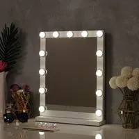 Hollywood Lighted Rectangular Makeup Mirror with Base - White, Wood alternate view