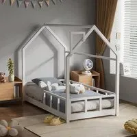 House Bed Frame Toddler Bed with Safety Guard - White, Pine