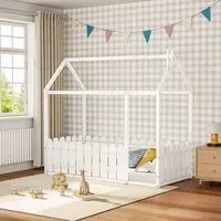 House Toddler Bed Frame with Fence and Roof - White, Pine