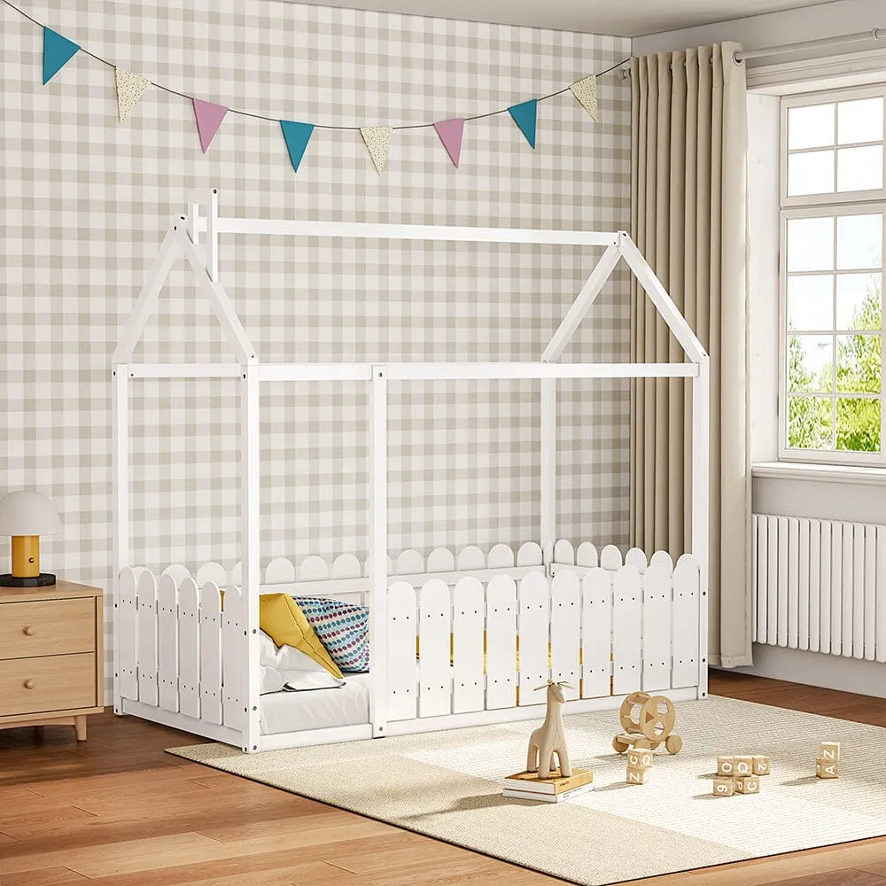 House Toddler Bed Frame with Fence and Roof - White, Pine