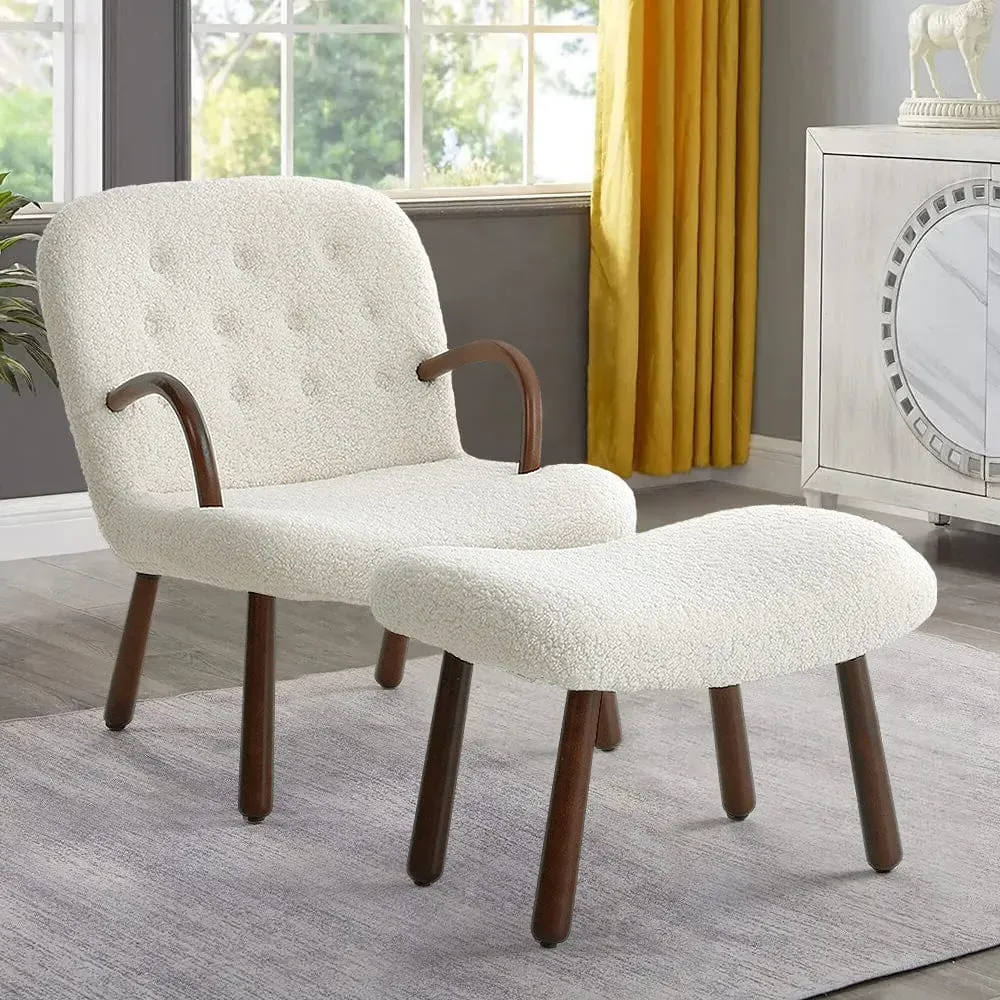 Lamb Wool Armchair with Ottoman Set - White, Beech Wood image