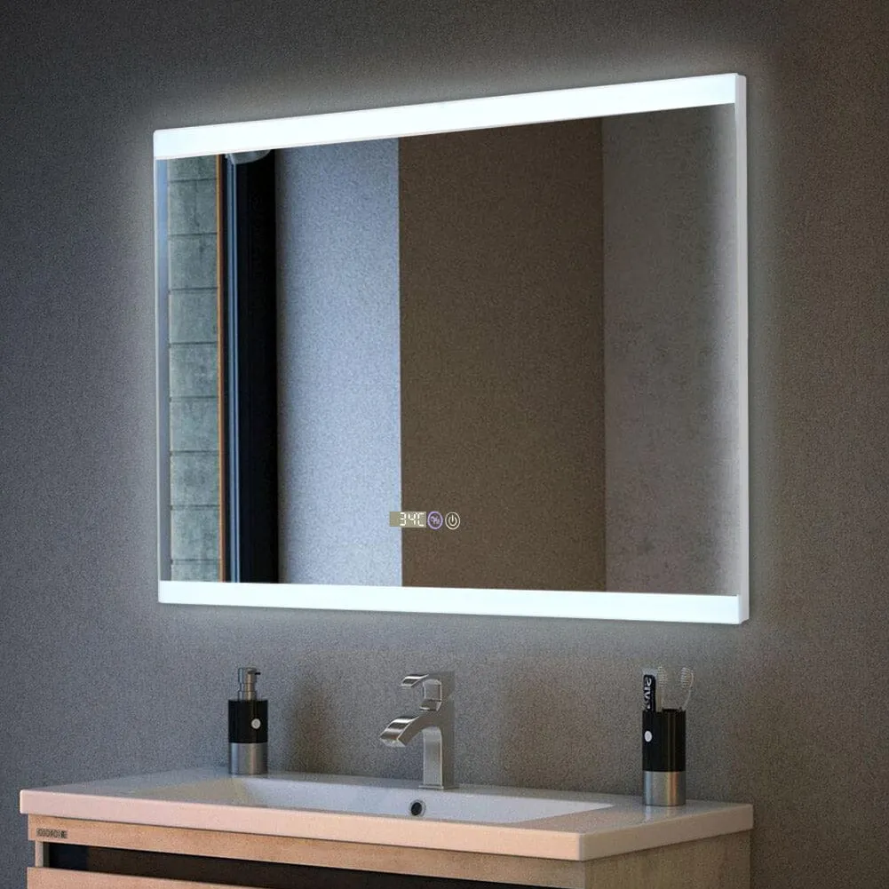 Large Rectangular Frameless Anti-Fog LED Vanity Mirror with Clock image